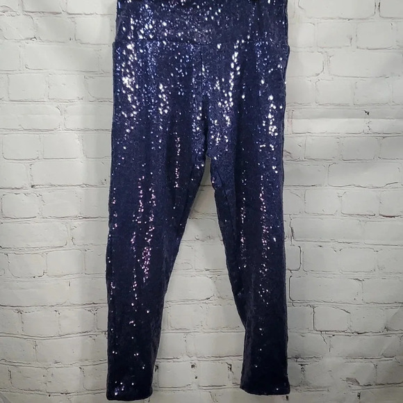 Tipsy Elves Blue Sequin High Waisted Leggings Women's Size L - Picture 4 of 14